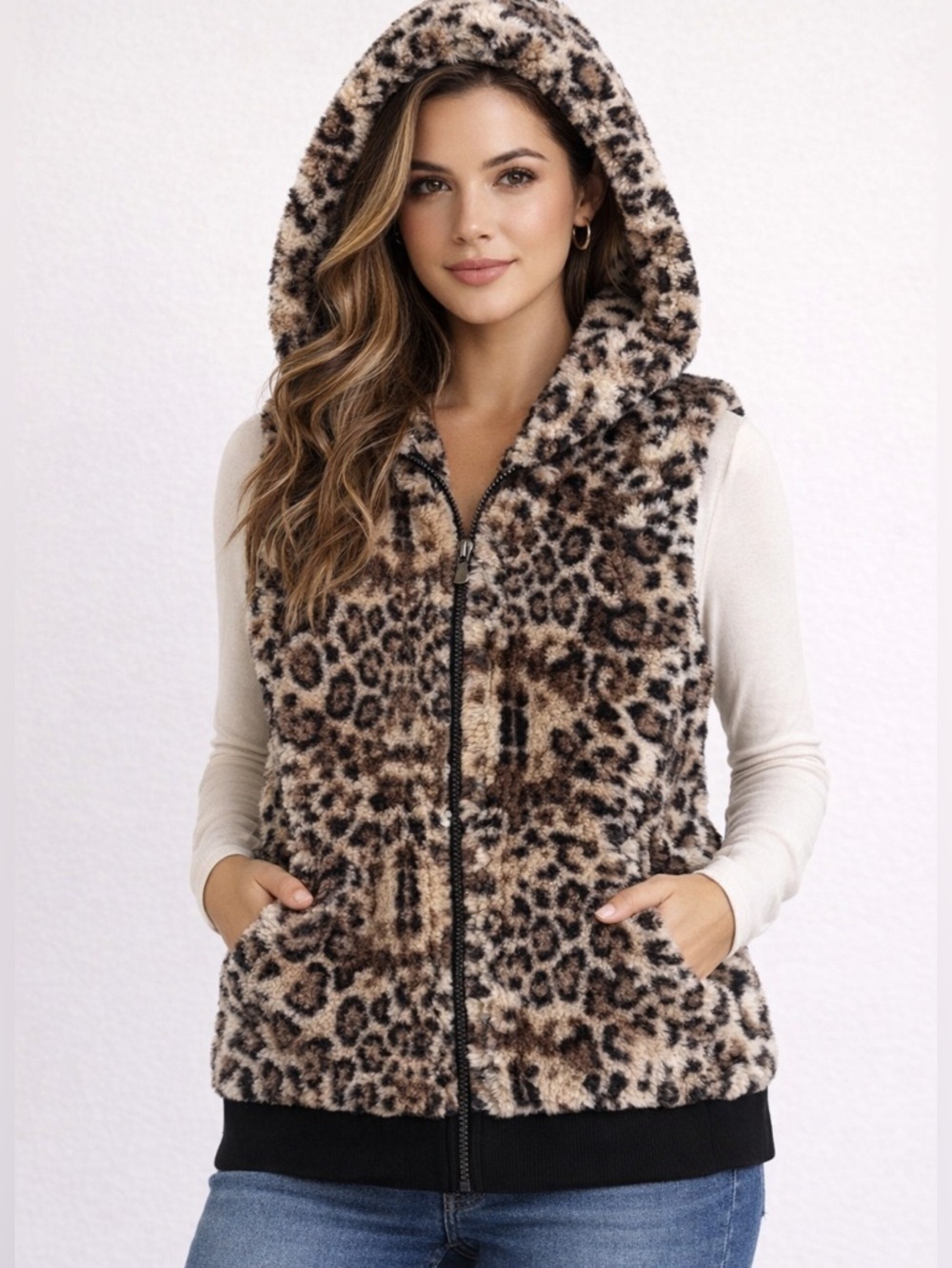 Te verde Hooded Leopard Print Fuzzy zip up Vest nwt size xl